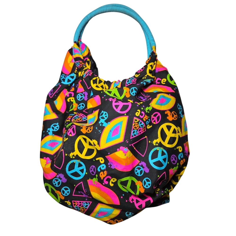 Peace Sign Hobo Bag Black Neon Rainbow Hippie Y2K Cotton Shoulder Purse Retro